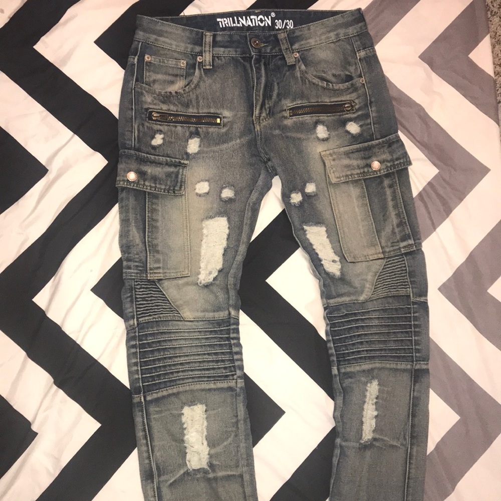 Medium denim biker jeans
